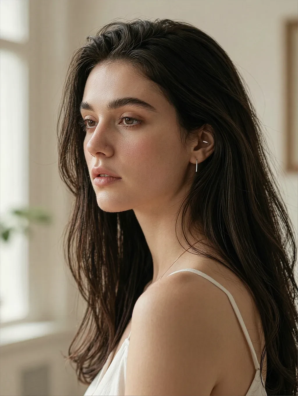 Fictional AI character in a white camisole, profile portrait in soft daylight
