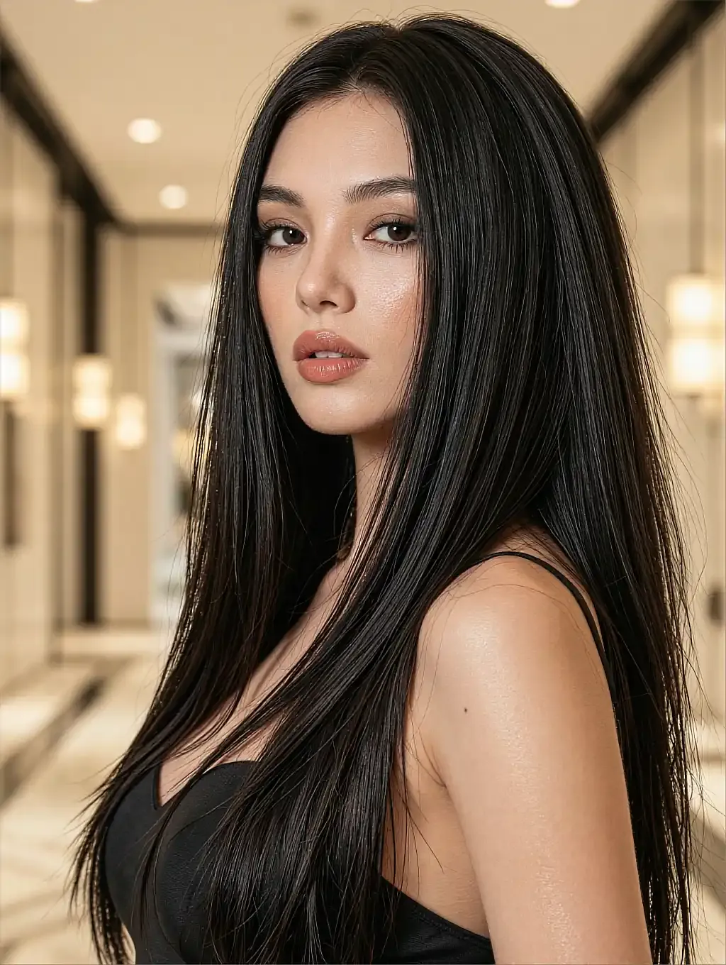 Fictional AI character with long dark hair in a black dress walking a modern corridor