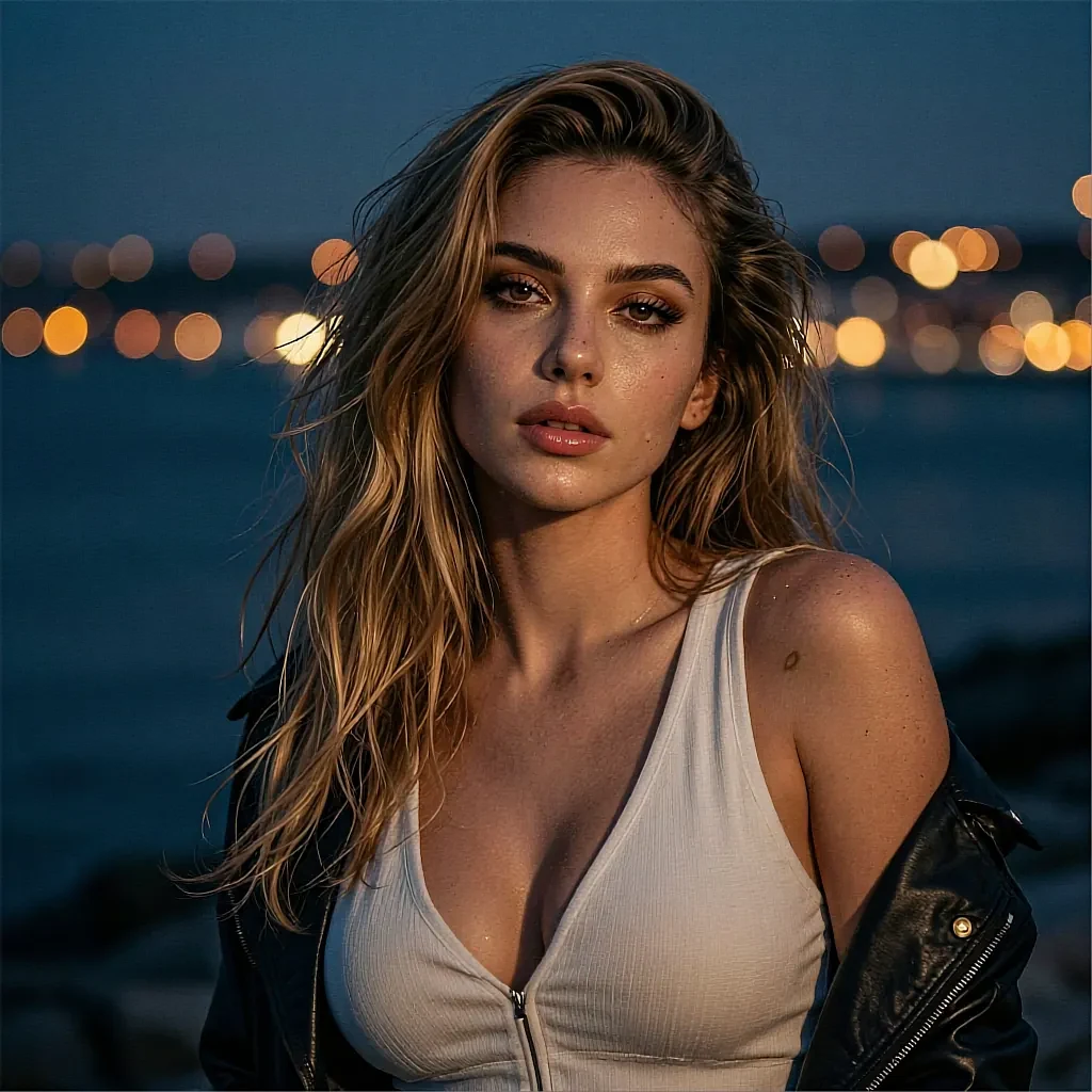 Fictional AI character with blonde hair in a white top and open jacket on a night waterfront
