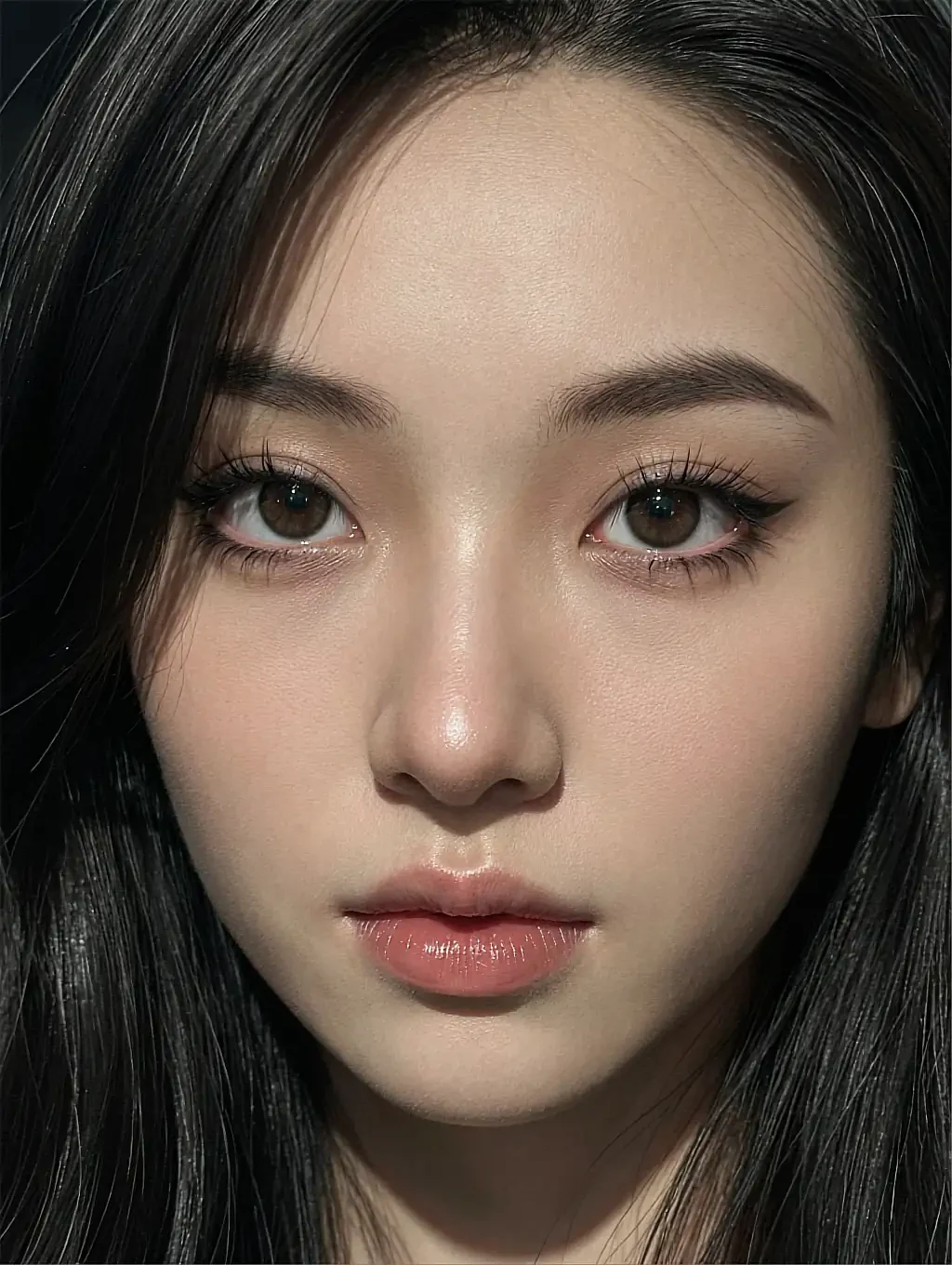 Fictional AI character, bare-shouldered close-up portrait with dark eyes