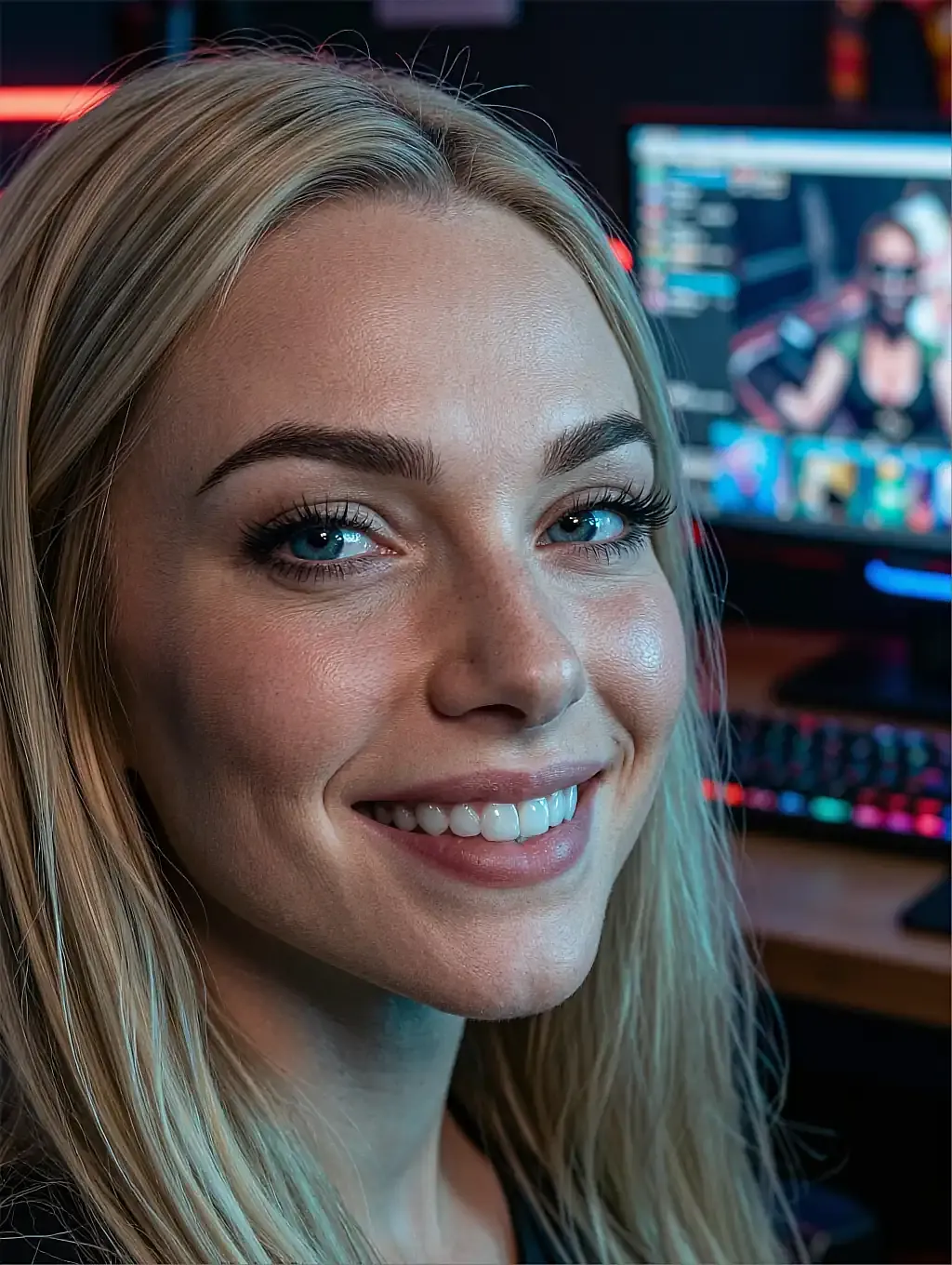 Fictional AI character with blonde hair smiling, colourful screens blurred behind her